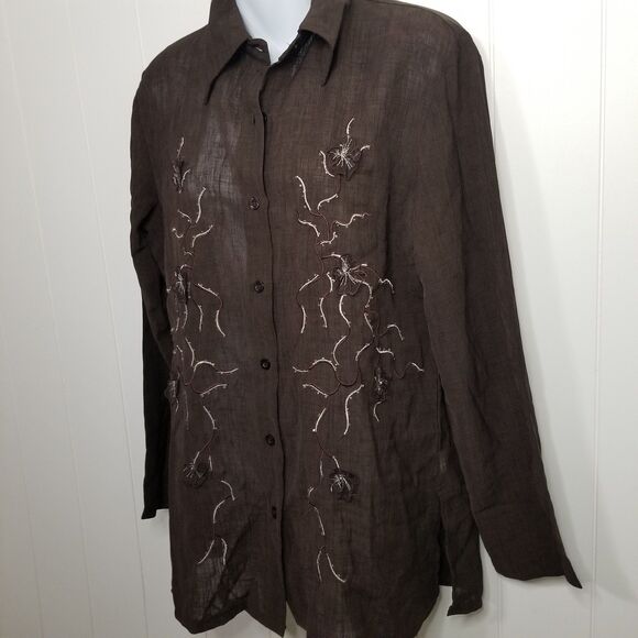 Women's Top Blouse Size Medium Brown Embroidered Long Sleeve New - Picture 4 of 11